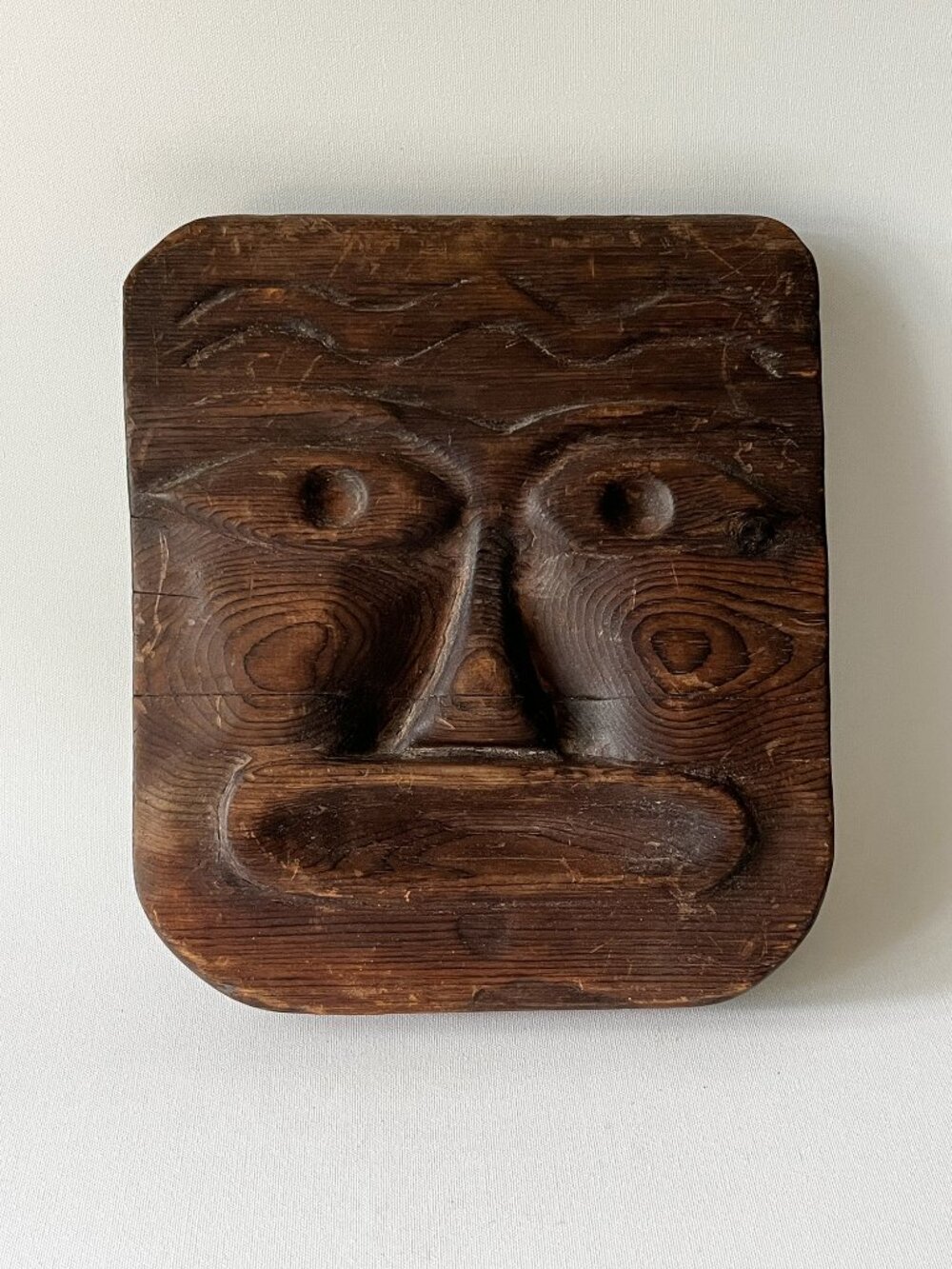 Vintage Hand-Carved Wood Face Plaque Rustic Folk Art Wall Sculpture 9"